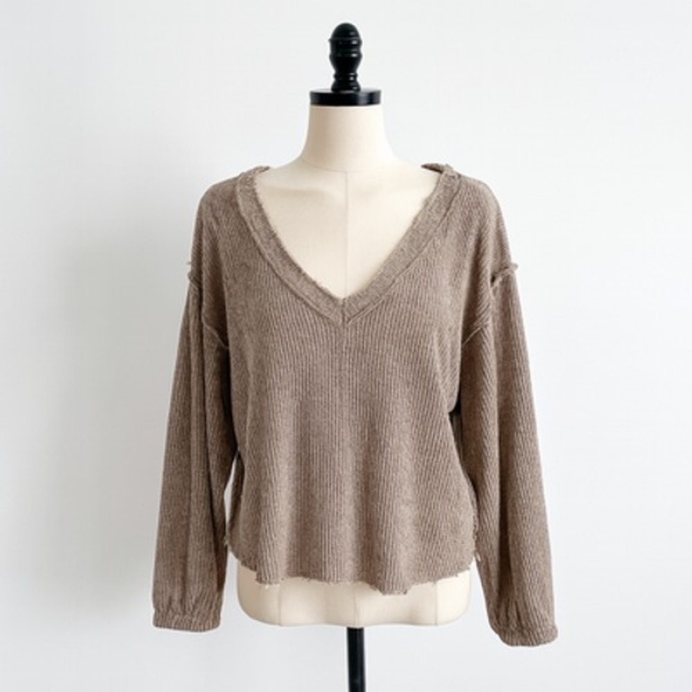 Kirious Sweater Womens Medium Waffle Knit V Neck Distressed Hem Pullover Casual